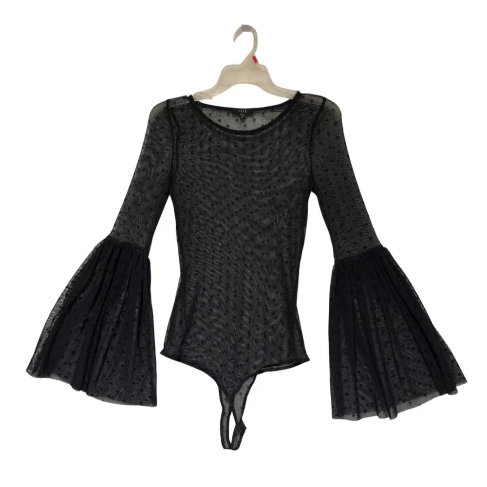 Black Mesh‎ Bodysuit M Polka Dot  Flare Sleeve Whimsygoth Romantic Goth Altcore - Picture 4 of 7